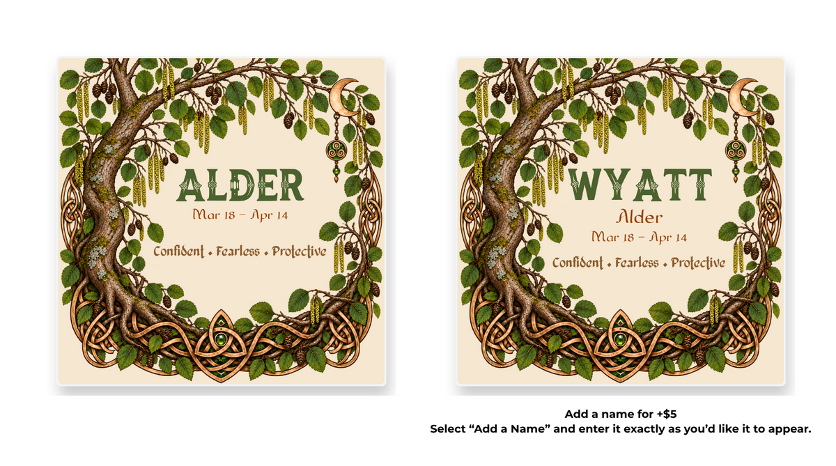Alder Celtic Tree Zodiac coaster shown in standard and personalized versions.