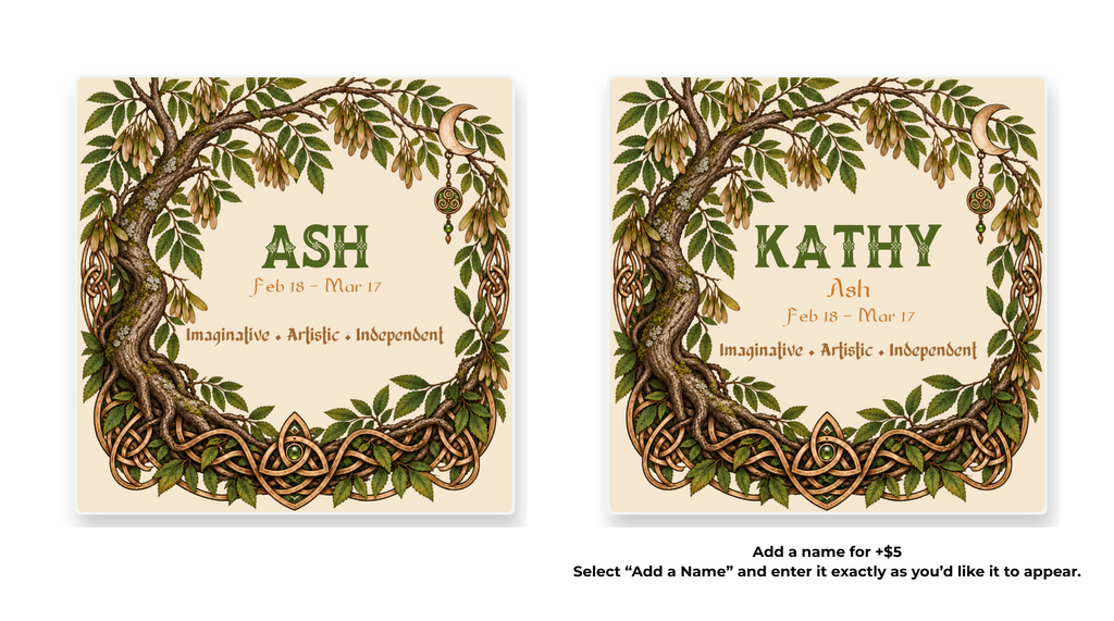 Ash Celtic Tree Zodiac coaster shown in standard and personalized versions.