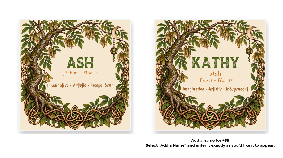 Ash Celtic Tree Zodiac coaster shown in standard and personalized versions.