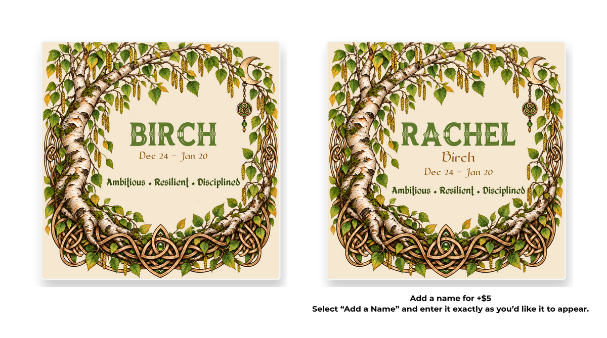 Birch Celtic Tree Zodiac coaster shown in standard and personalized versions.