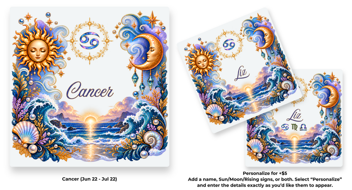 Cancer Zodiac Element coaster shown in standard and personalized versions.