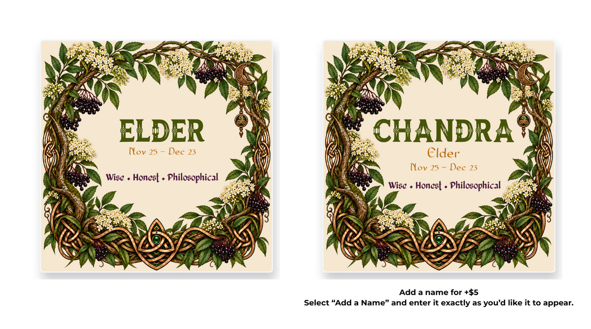 Elder Celtic Tree Zodiac coaster shown in standard and personalized versions.