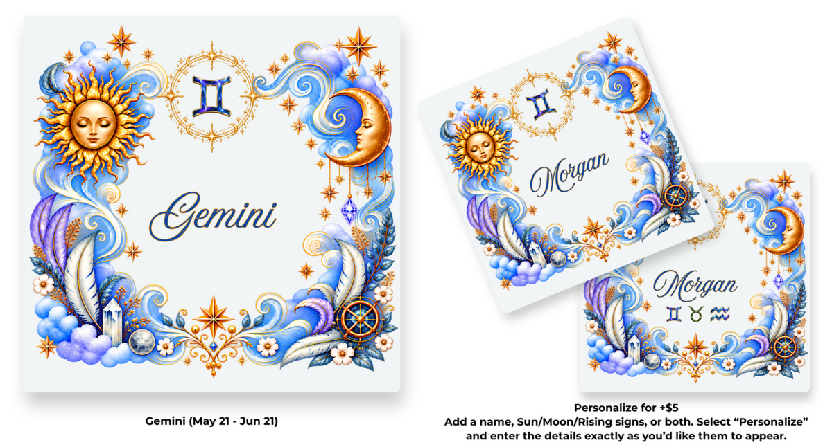 Gemini Zodiac Element coaster shown in standard and personalized versions.