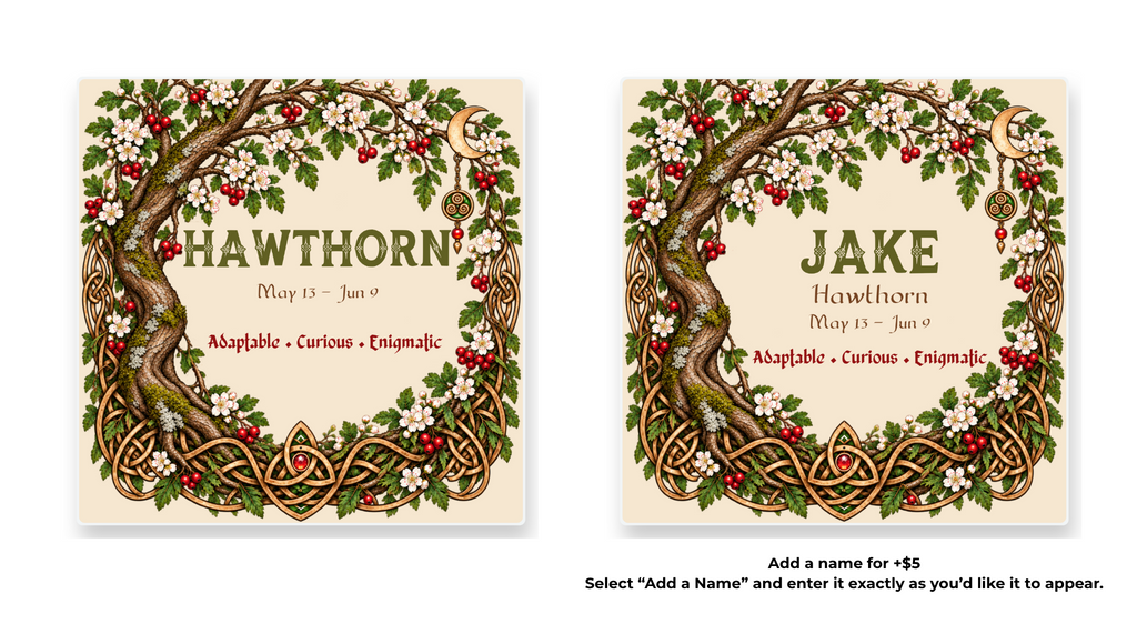 Hawthorn Celtic Tree Zodiac coaster shown in standard and personalized versions.