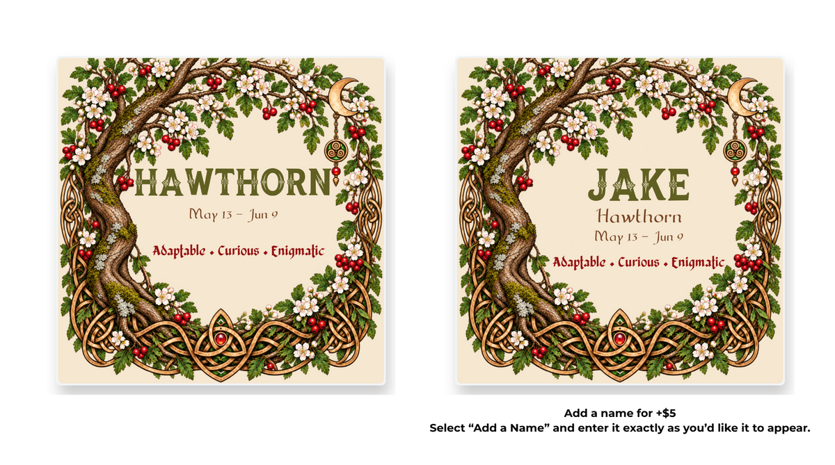 Hawthorn Celtic Tree Zodiac coaster shown in standard and personalized versions.