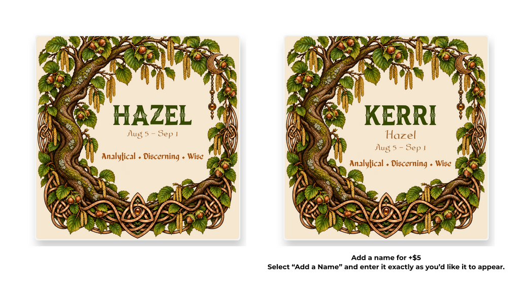 Hazel Celtic Tree Zodiac coaster shown in standard and personalized versions.