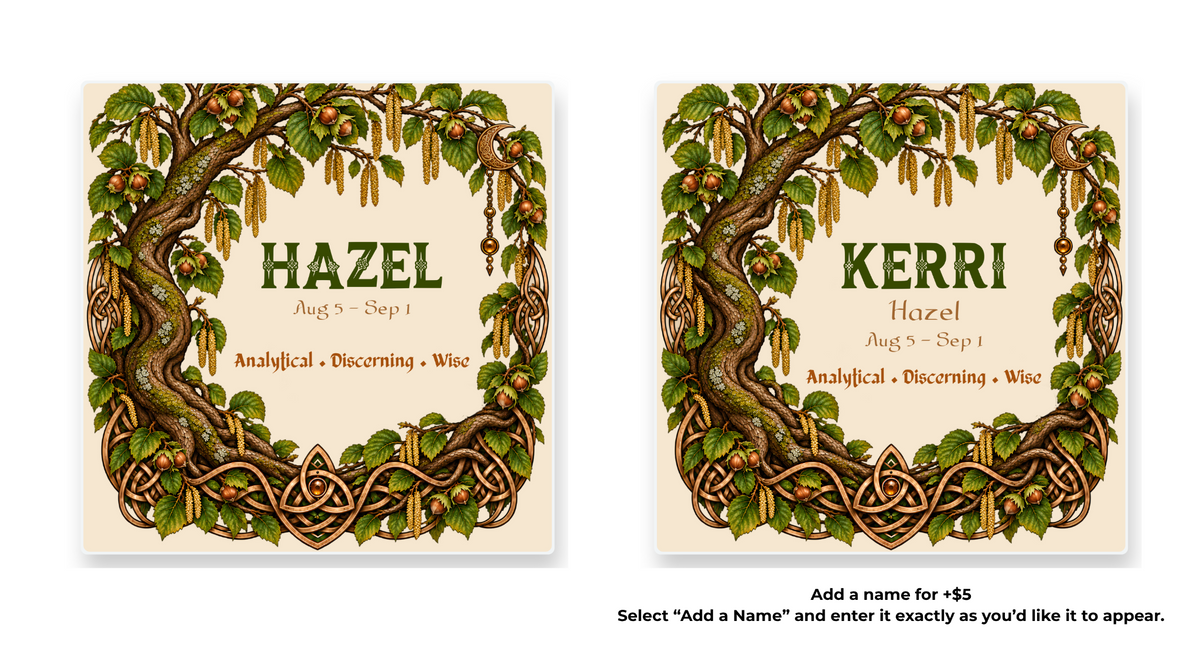 Hazel Celtic Tree Zodiac coaster shown in standard and personalized versions.