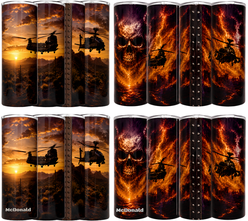 Tumblers shown in two designs. The top row shows Apache and Chinook helicopters over a sunset mountain range and a tumbler with a skull, fire, and Apache and Chinook helicopters. The bottom row shows the same designs with a personalized name at the bottom.