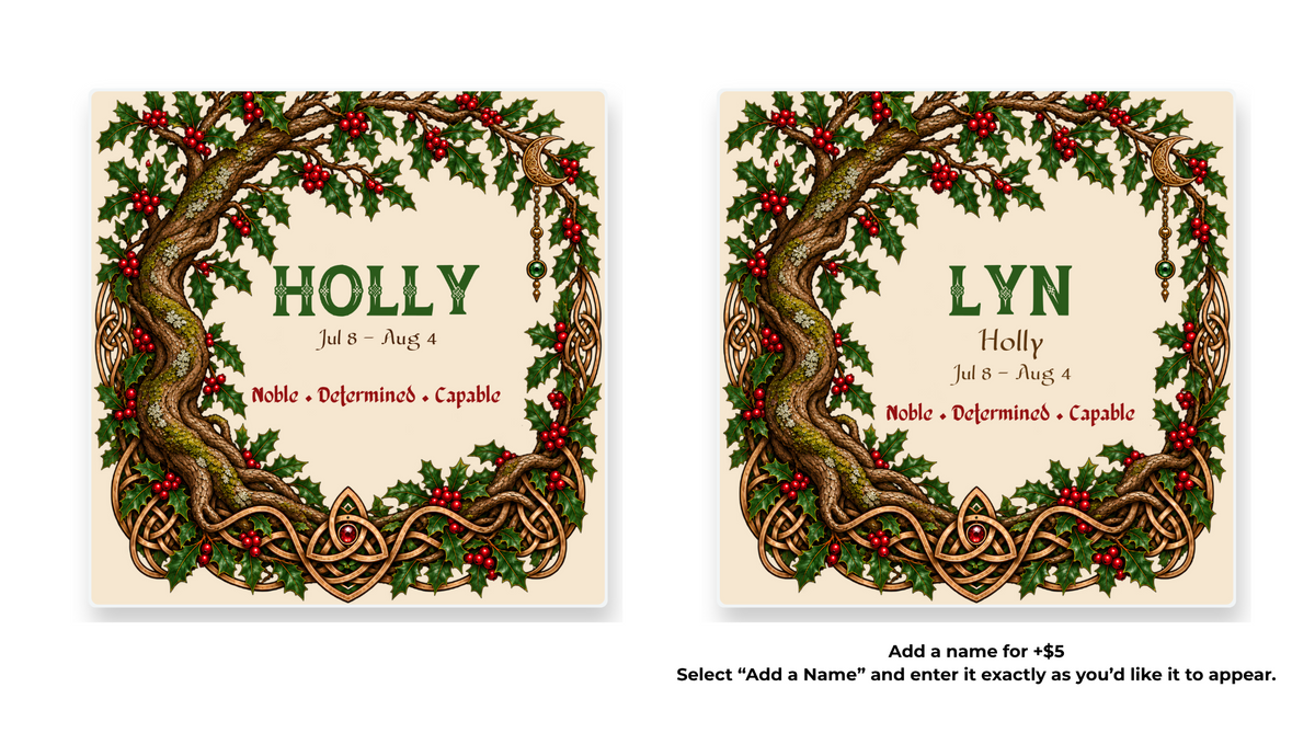 Holly Celtic Tree Zodiac coaster shown in standard and personalized versions.