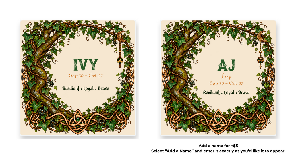 Ivy Celtic Tree Zodiac coaster shown in standard and personalized versions.