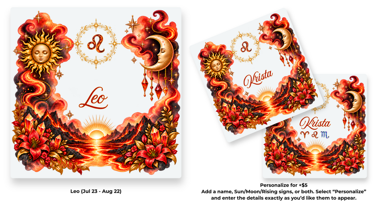Leo Zodiac Element coaster shown in standard and personalized versions.