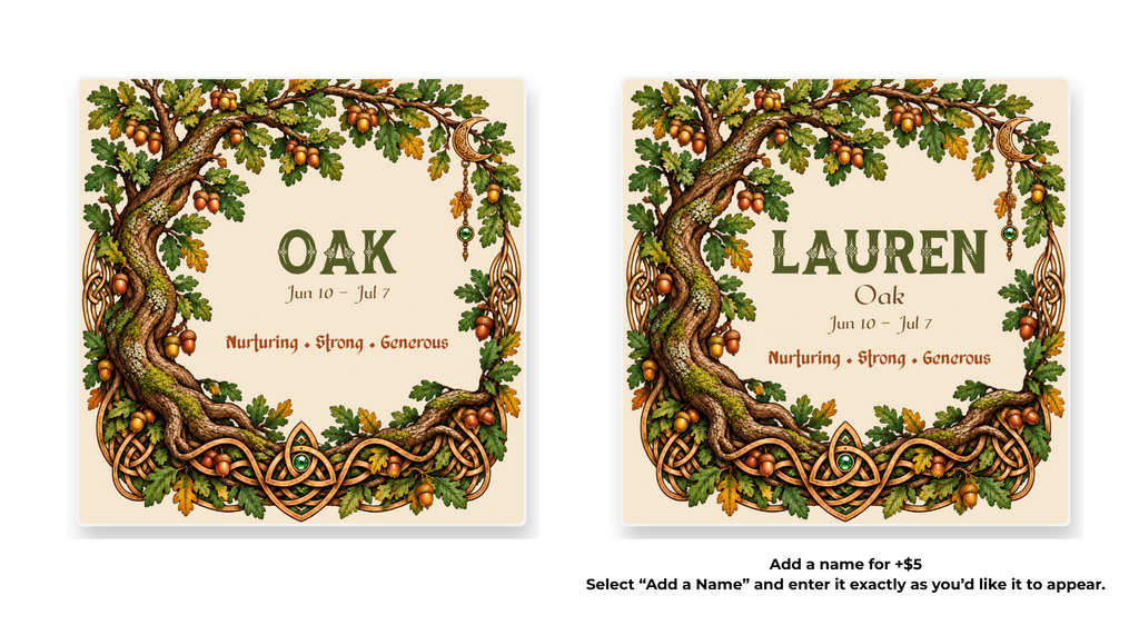 Oak Celtic Tree Zodiac coaster shown in standard and personalized versions.