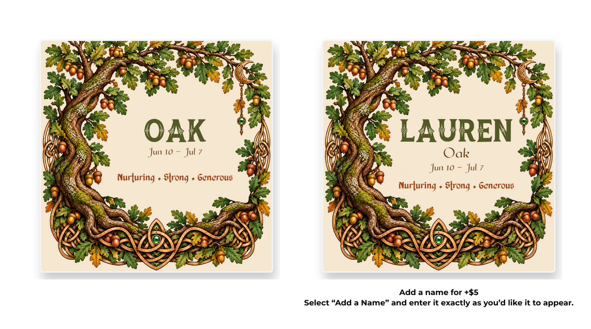 Oak Celtic Tree Zodiac coaster shown in standard and personalized versions.