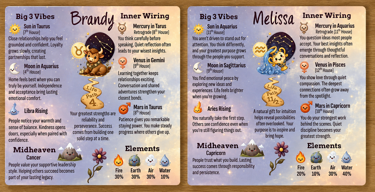 A custom coaster with two columns of text and illustrations, titled 'Brandy' and 'Melissa', featuring astrology-themed phrases, symbols, and small icons.