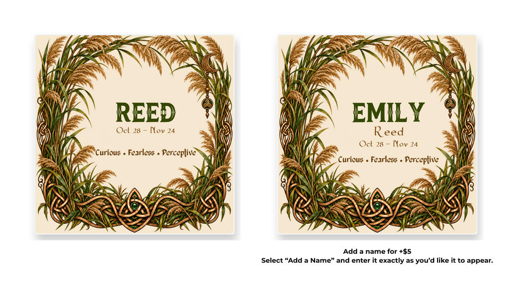 Reed Celtic Tree Zodiac coaster shown in standard and personalized versions.