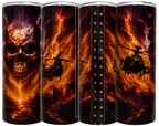 Four views of a tall insulated tumbler with a dramatic fiery wrap design. The print shows a large skull with lightning on the front, helicopters over flames on the sides.