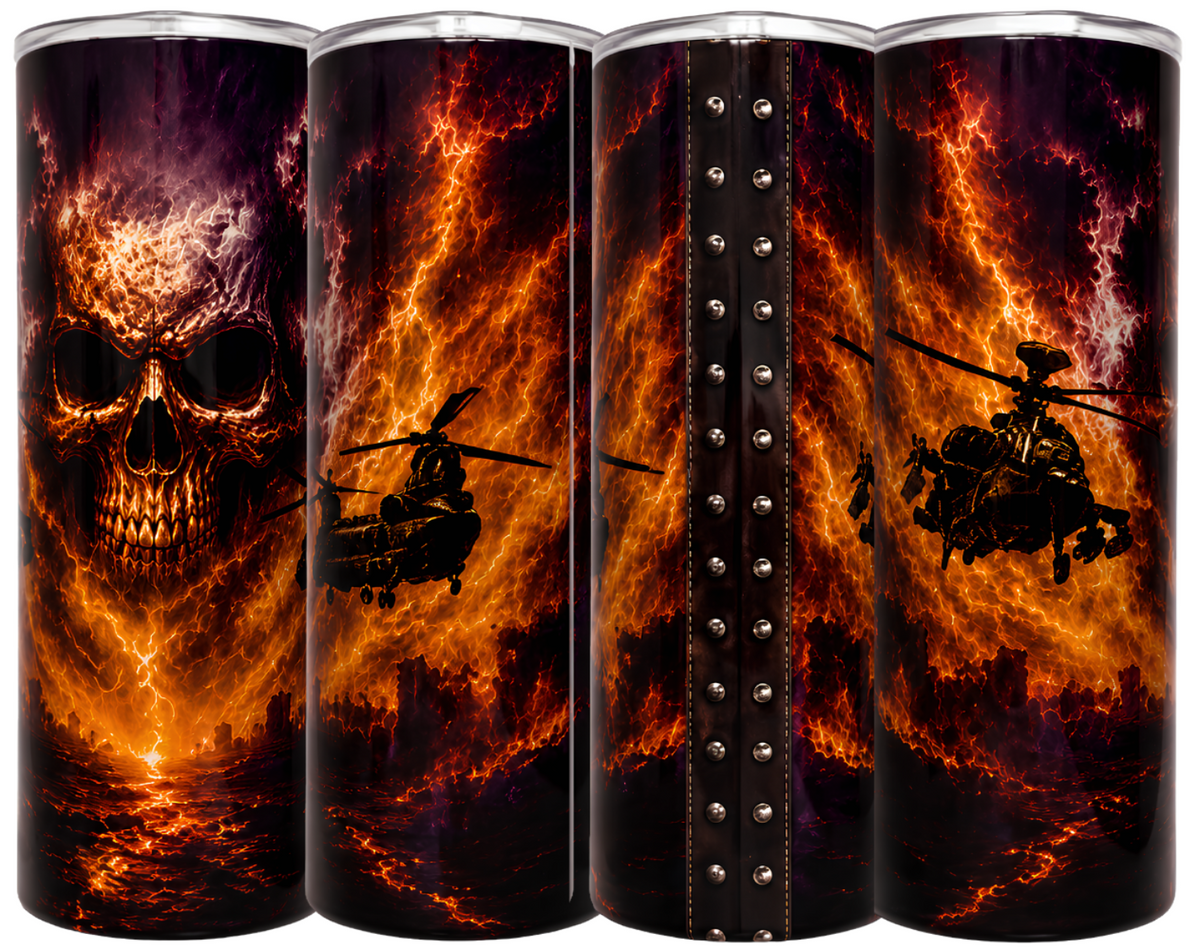 Four views of a tall insulated tumbler with a dramatic fiery wrap design. The print shows a large skull with lightning on the front, helicopters over flames on the sides.