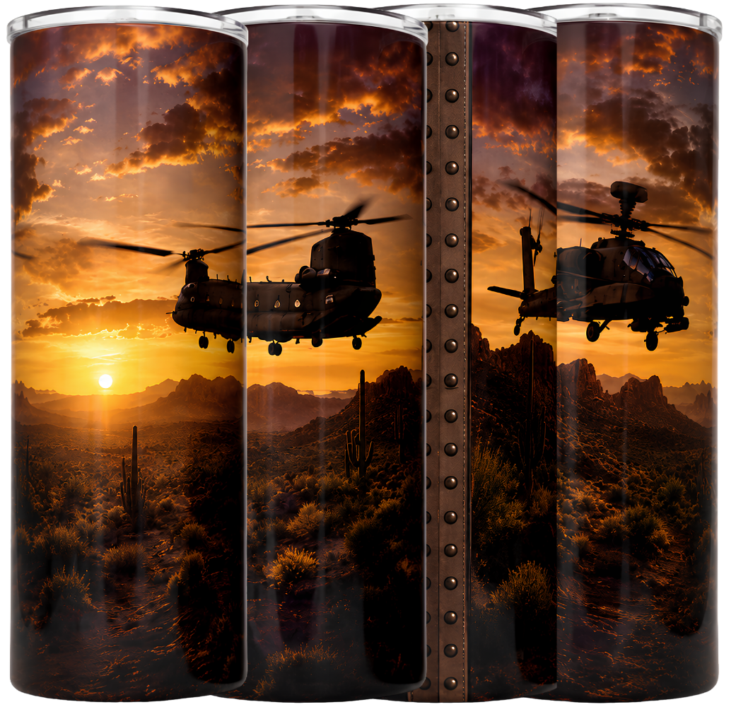 Four sides of a tumbler cup with clear lid, wrapped in a wrap-around print featuring a military helicopter flying over a desert landscape at sunset. The cup is arranged in a row, showing the wrap design from different angles.