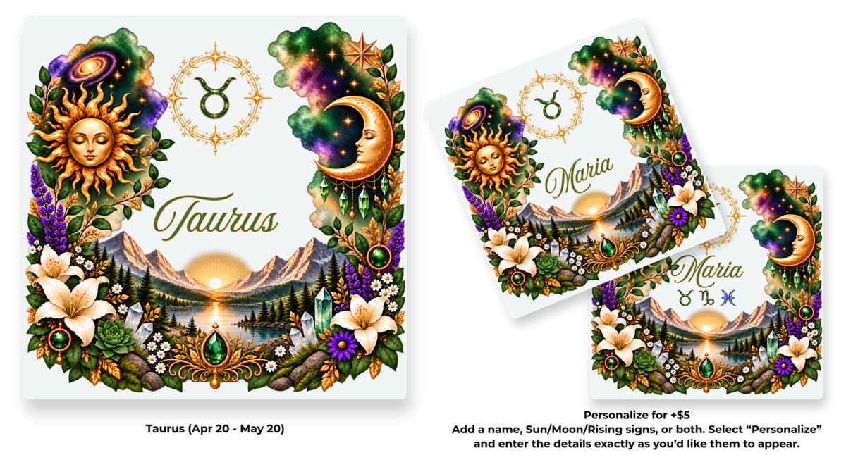 Taurus Zodiac Element coaster shown in standard and personalized versions.