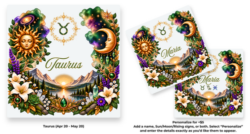 Taurus Zodiac Element coaster shown in standard and personalized versions.