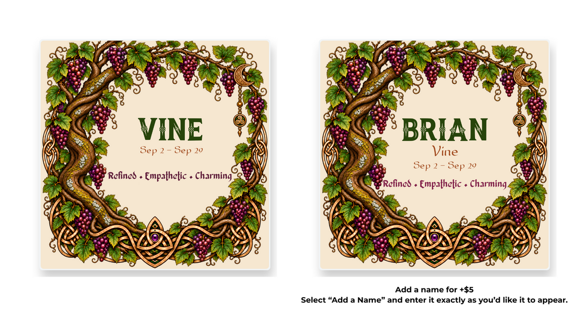 Vine Celtic Tree Zodiac coaster shown in standard and personalized versions.
