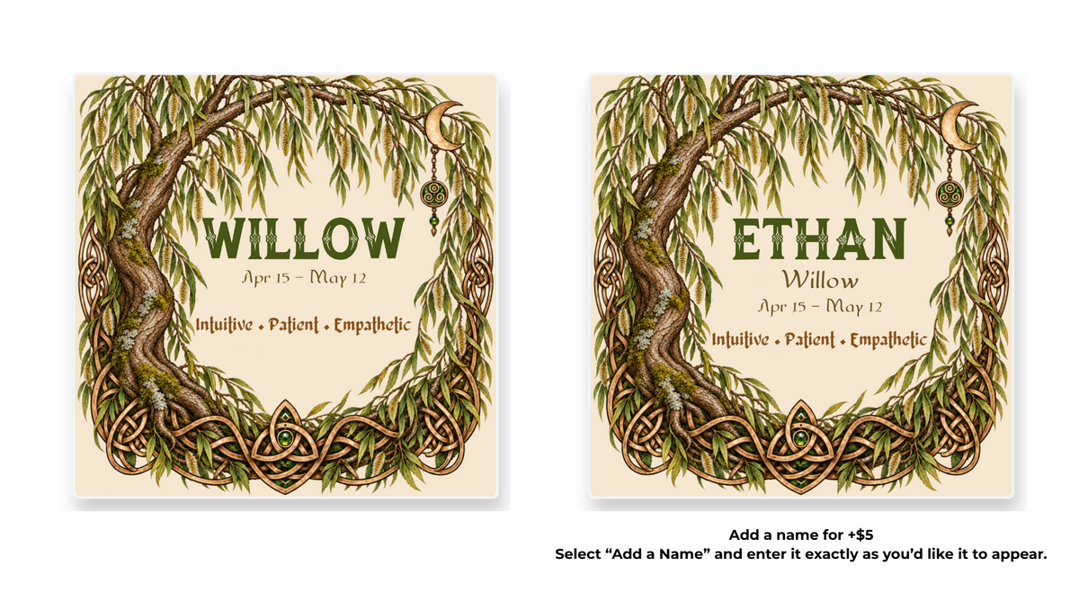 Willow Celtic Tree Zodiac coaster shown in standard and personalized versions.