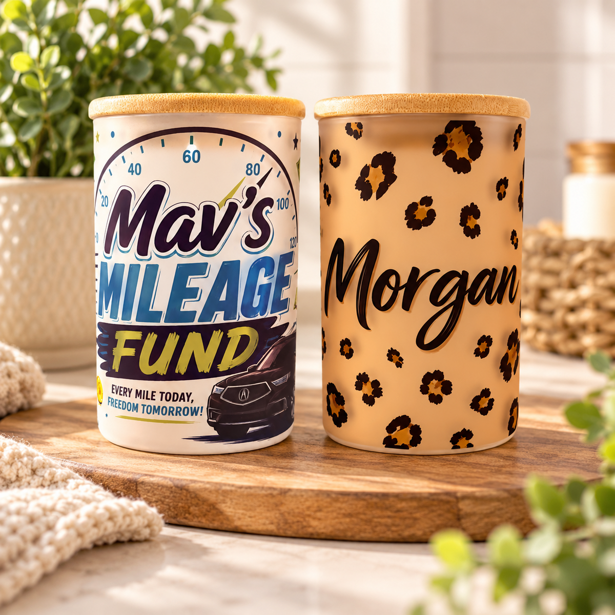 Personalized glass canisters with bamboo lids showing custom wrap designs