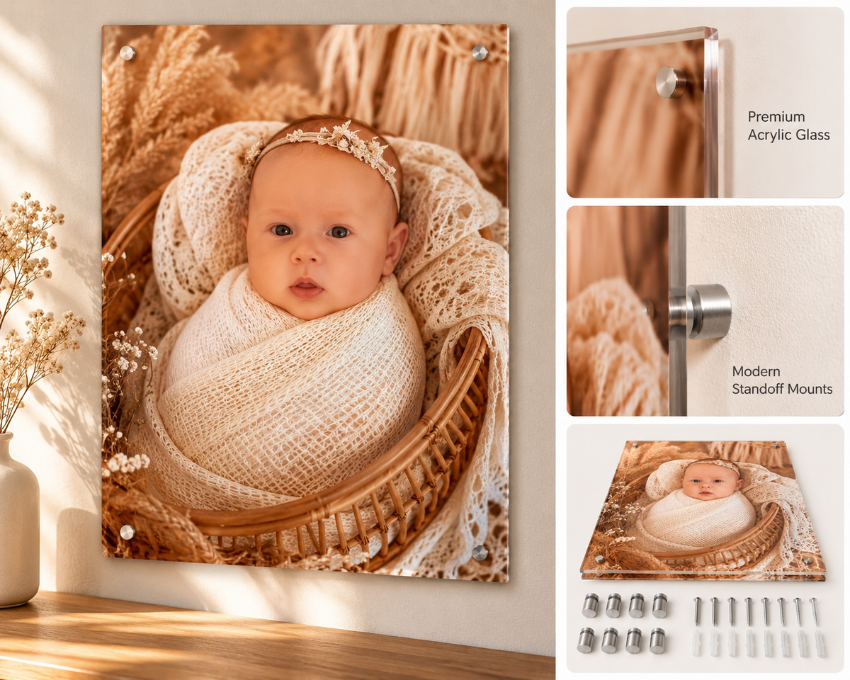 Custom tempered glass photo wall art with metal standoff mounts.