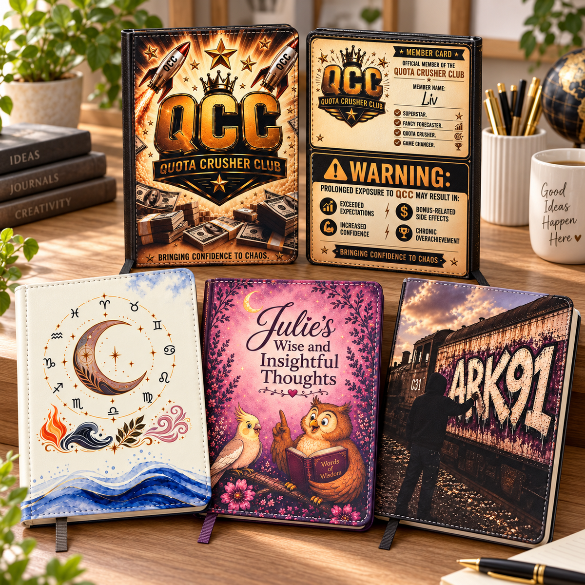 Examples of custom personalized journals with business, zodiac, owl, and photo-style designs
