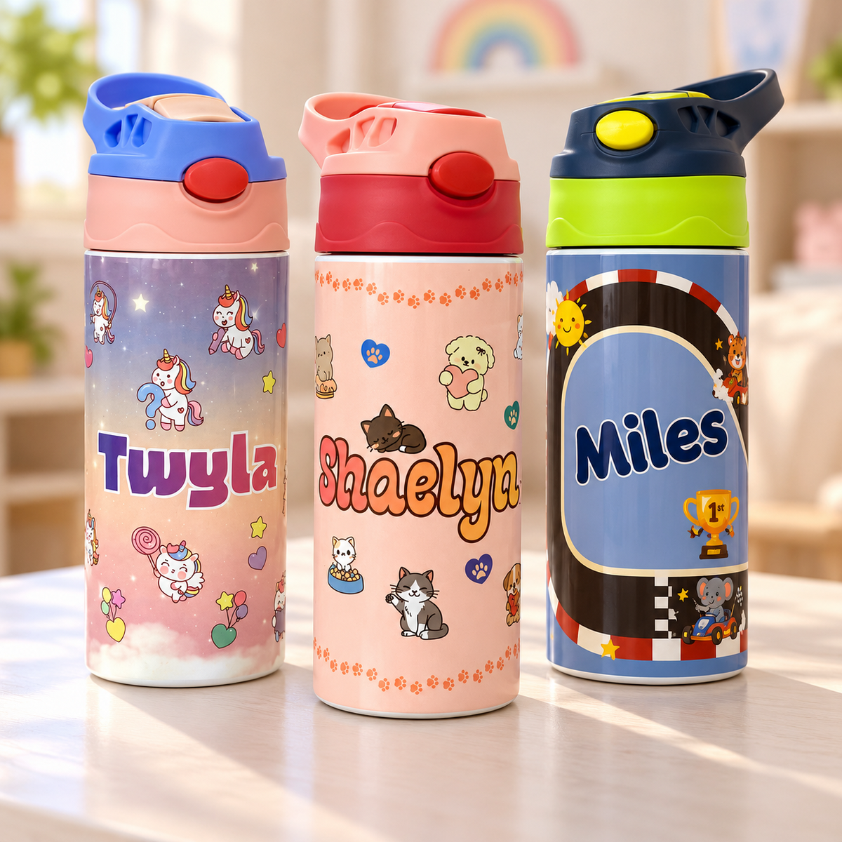 Three personalized 12 oz kids tumblers with colorful lids and custom designs