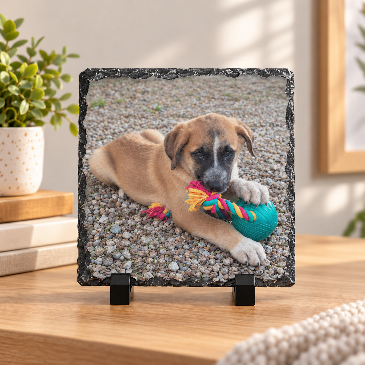 Personalized slate photo plaque with puppy photo on display stand