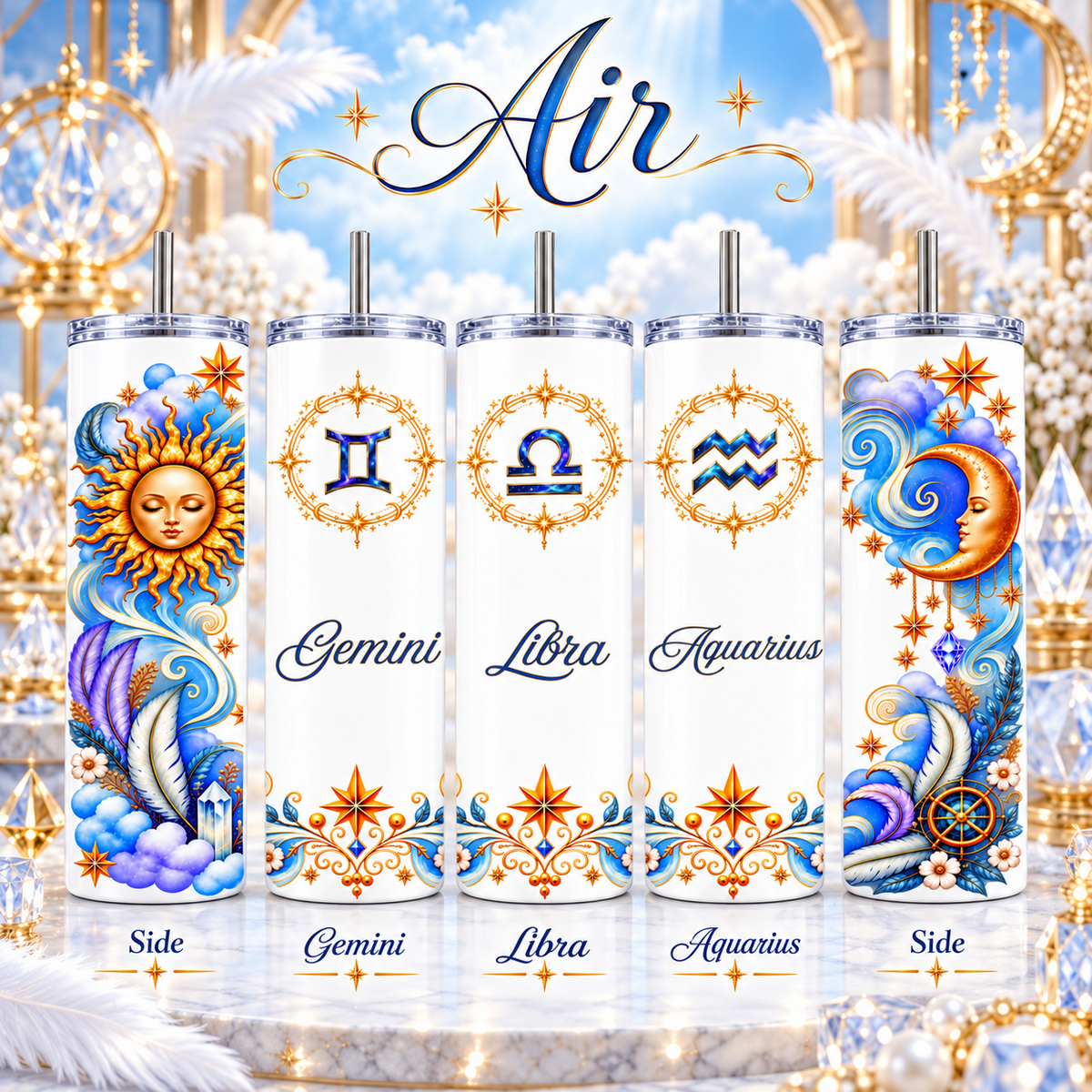 Air Zodiac Element 20 oz tumblers for Gemini, Libra, and Aquarius with side artwork shown.