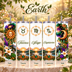 Earth Zodiac Element 20 oz tumblers for Taurus, Virgo, and Capricorn with side artwork shown.
