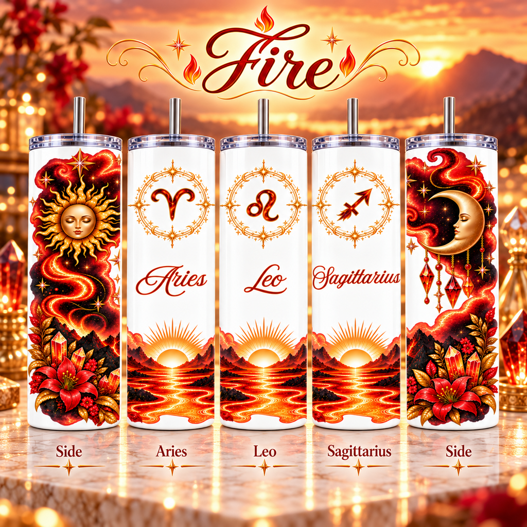 Fire Zodiac Element 20 oz tumblers for Aries, Leo, and Sagittarius with side artwork shown.