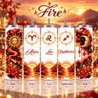 Fire Zodiac Element 20 oz tumblers for Aries, Leo, and Sagittarius with side artwork shown.