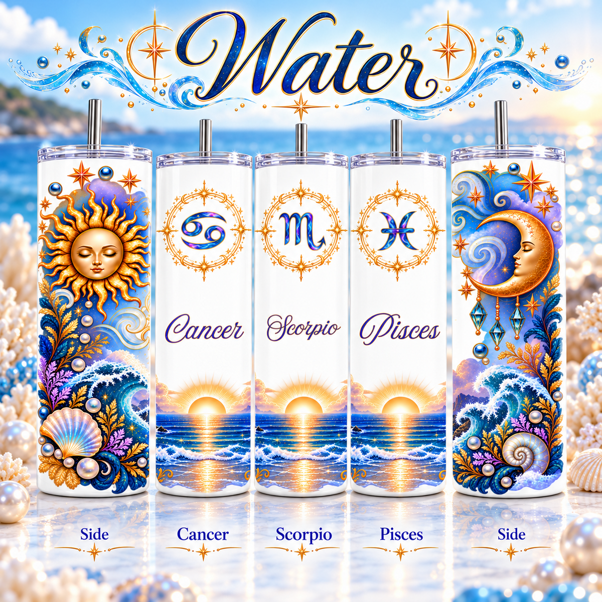 Water Zodiac Element 20 oz tumblers for Cancer, Scorpio, and Pisces with side artwork shown.